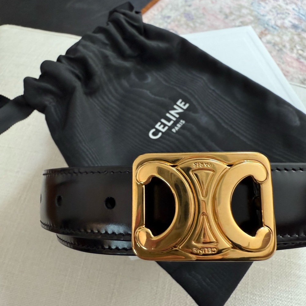 Celine Tan Leather Belt with Gold Buckle